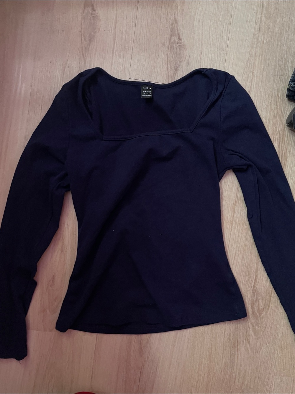 SHEIN NavySquare Neck Long Sleeve Top - Slim Fit